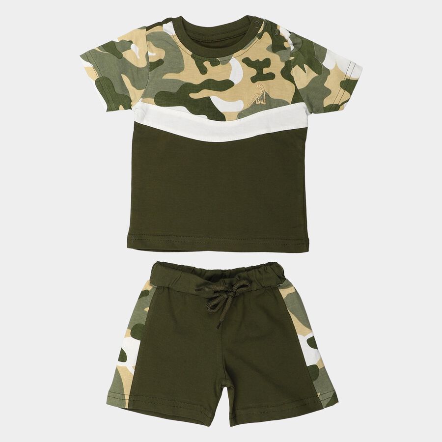Infants' Olive Green 100% Cotton Round Neck Camouflage Printed Baba Suit, ओलिव, large