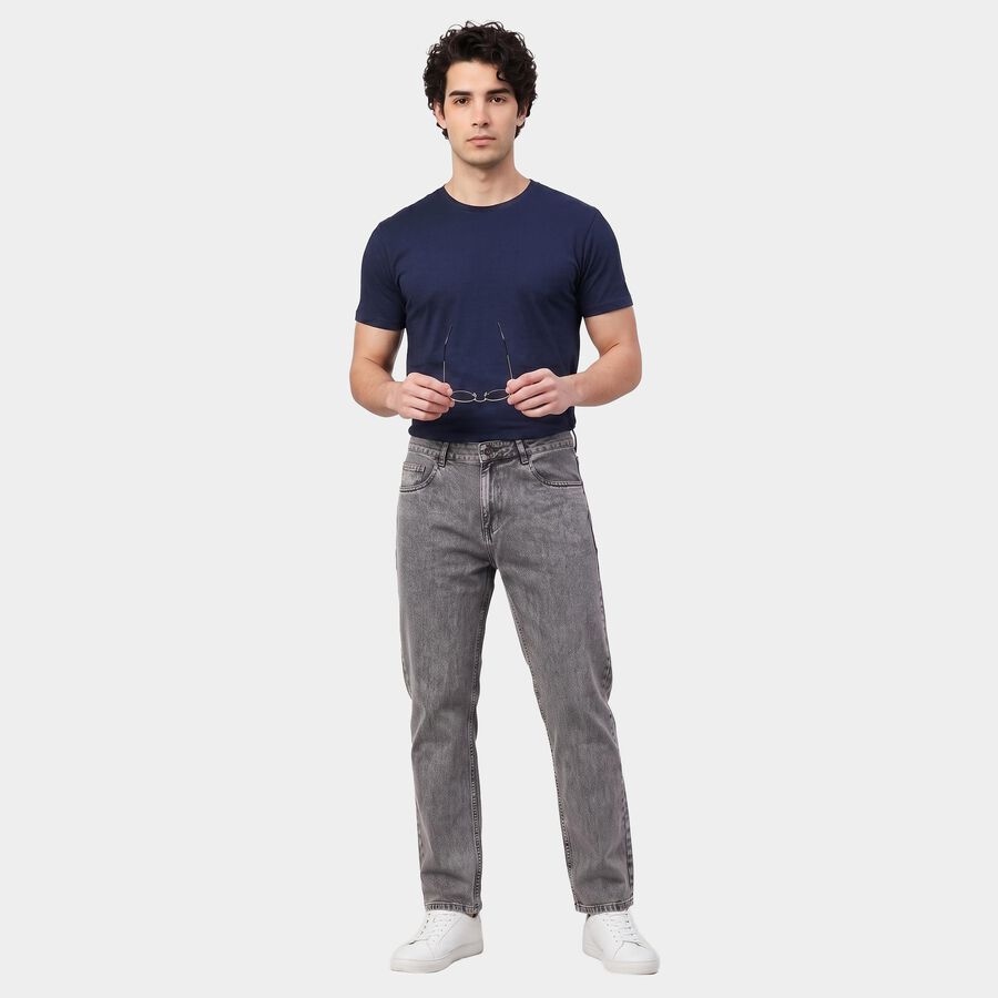 Men's Grey Straight Fit Washed Jeans, हल्का ग्रे, large