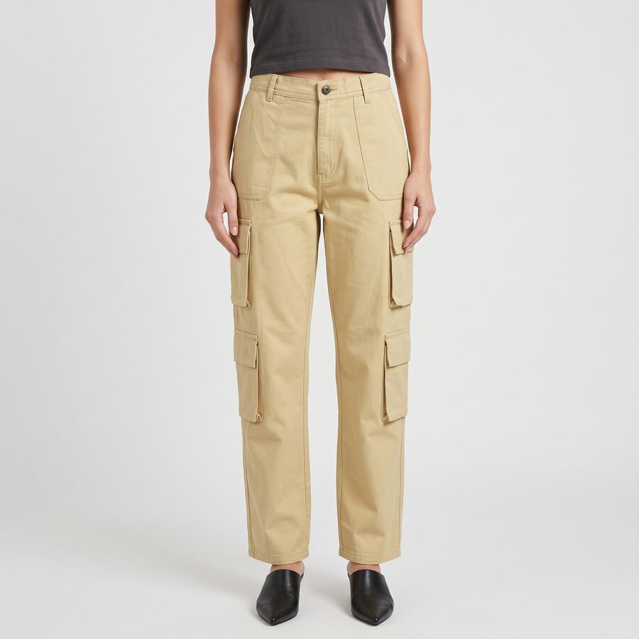 Women's Beige Straight Fit Cargo Trousers, Beige, large