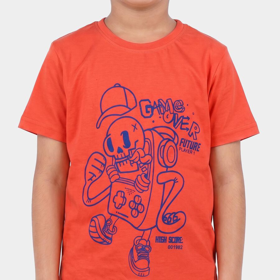 Boys Peach Round Neck Regular Boys T-Shirt, Peach, large