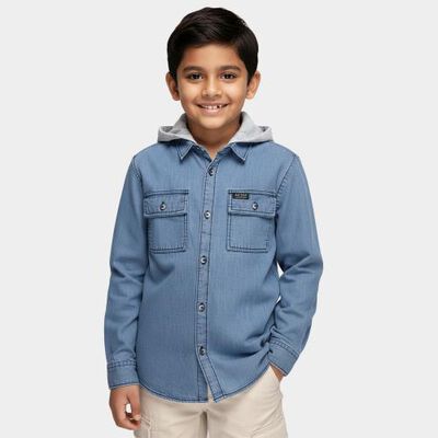 Boys Light Blue Hooded Casual Shirt