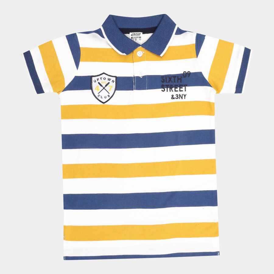 Boys Cotton Stripes T-Shirt, Navy Blue, large image number null