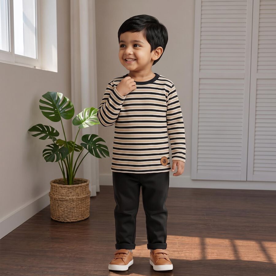 Boys Beige Cotton Blend Round Neck Regular T-Shirt, गहरा पीला, large