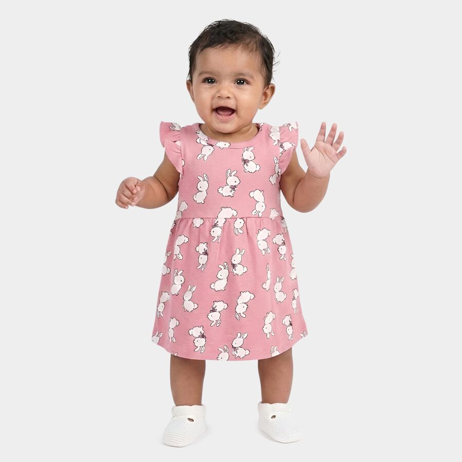 Infants' Pink Regular Fit Bunny Printed Ruffled Sleeve Frock, Light Pink, large