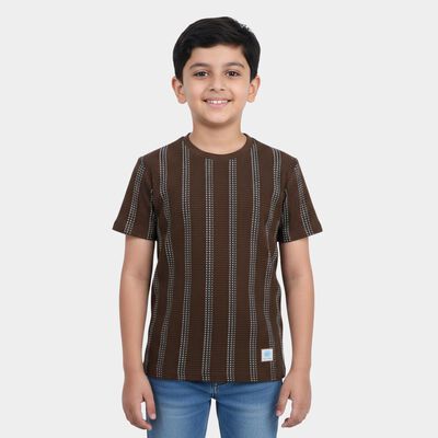 Boys Brown Round Neck Striped Boys T-Shirt