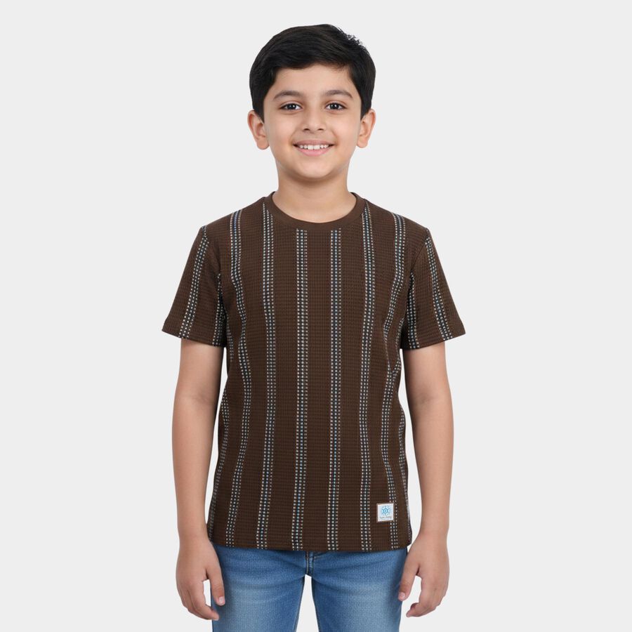 Boys Brown Round Neck Striped Boys T-Shirt, Brown, large