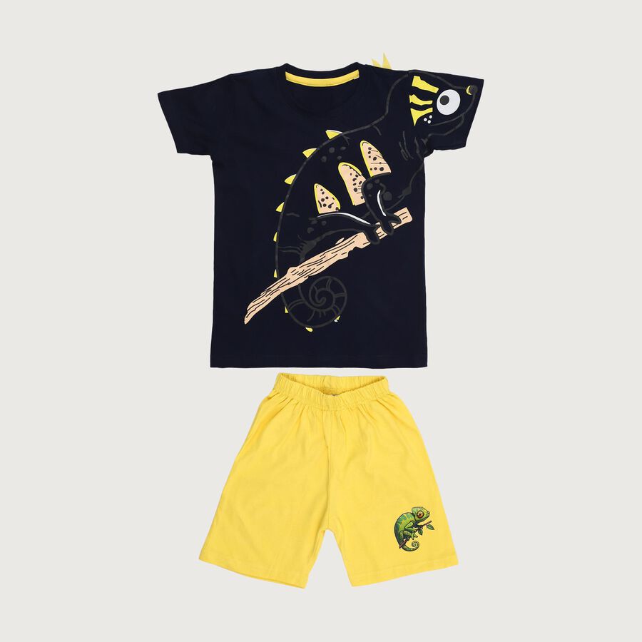 Boys' Navy Cotton Round Neck Printed Baba Suit, Navy Blue, large image number null