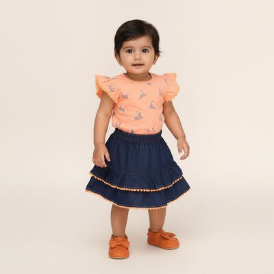 Infants Bright Orange Rabbit Printed Ruffle Sleeve Top and Tiered Skirt Set