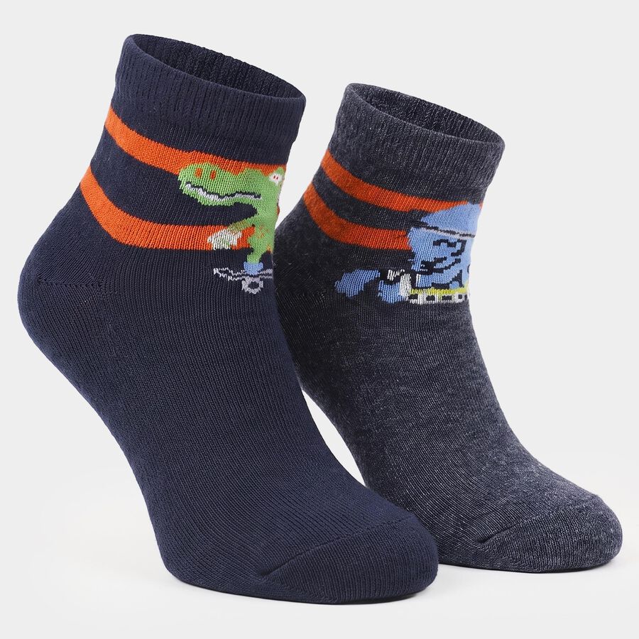 Boys' Navy Blue Regular Fit Printed Pack of 2 Socks, नेवी ब्लू, large