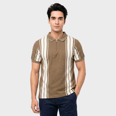 Men's Beige Polo Neck Striped T-Shirt