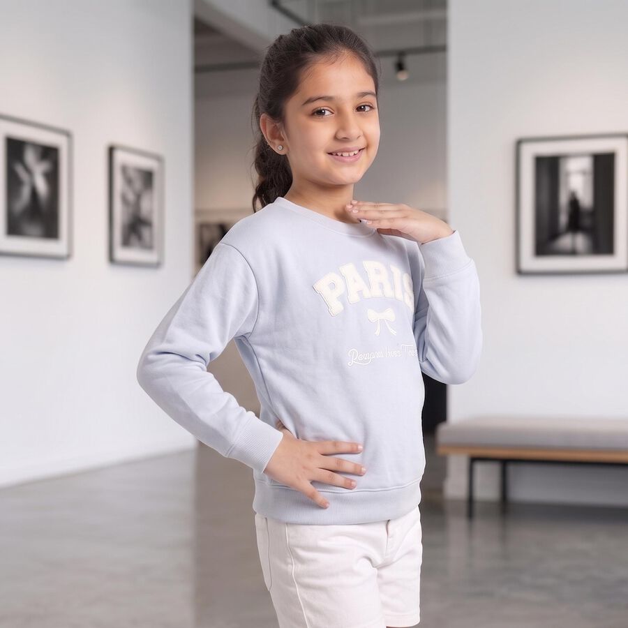 Girls' Light Blue Crew Neck Graphic Print Sweatshirt, Light Blue, large