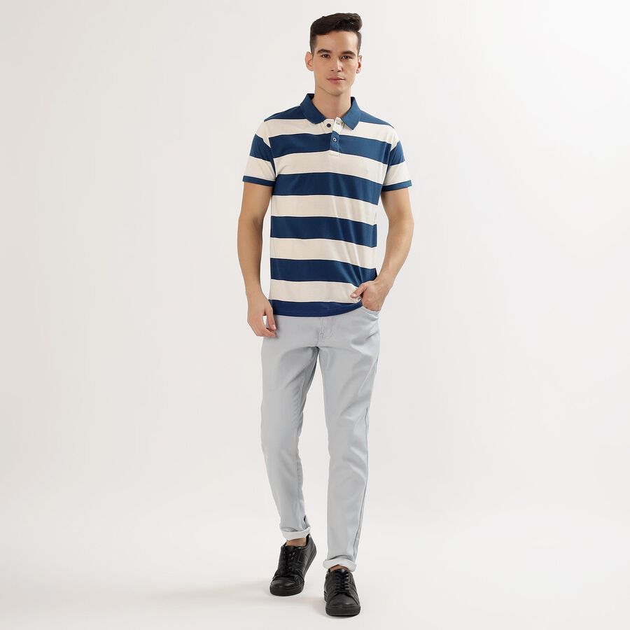 Men's Navy Blue and White Polo Collar Casual T-Shirt, Mid Blue, large image number null