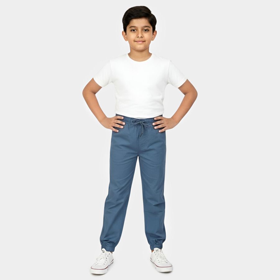 Boys' Teal Blue Regular Fit Elastic Waist Cotton Trousers, Teal Blue, large