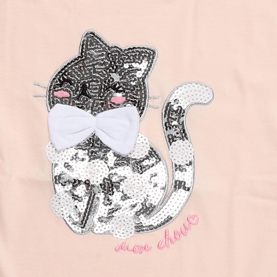 Girls' Pink Cotton Round Neck Sequin Cat Graphic Ruffle Sleeve T-Shirt, हल्का गुलाबी, large