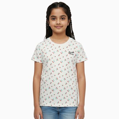 Girls' Off White Cotton Round Neck Casual T-Shirt