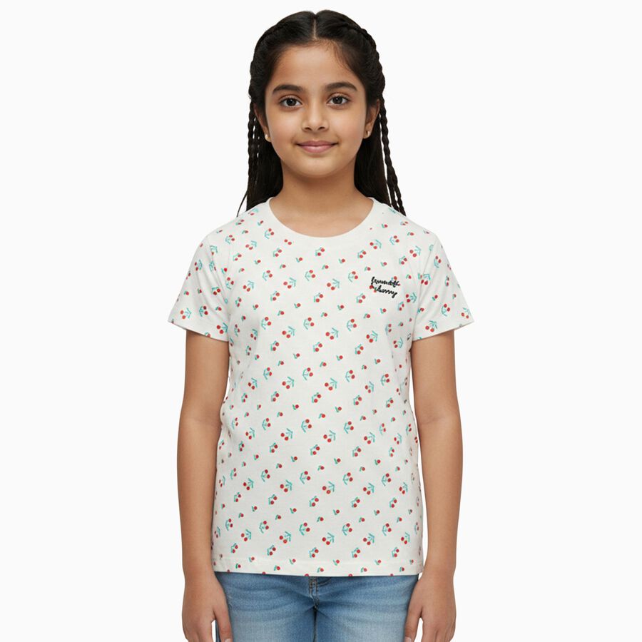 Girls' Off White Cotton Round Neck Casual T-Shirt, ऑफ व्हाइट, large