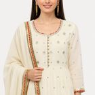 Women's Off White Cotton Round Neck Embellished Anarkali Kurta, Off White, small