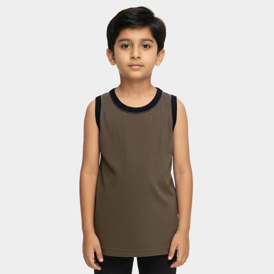Boys Bright White Cotton Round Neck Casual Vest, Olive, large image number null