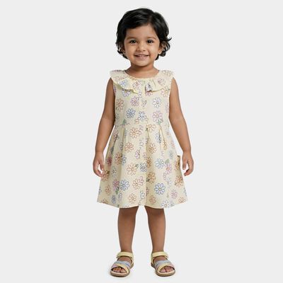 Girls' Yellow Floral Printed Sleeveless Frock