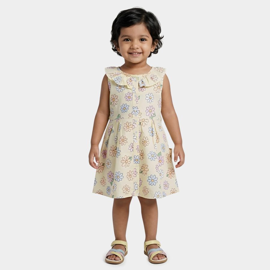 Girls' Yellow Floral Printed Sleeveless Frock, पीला, large
