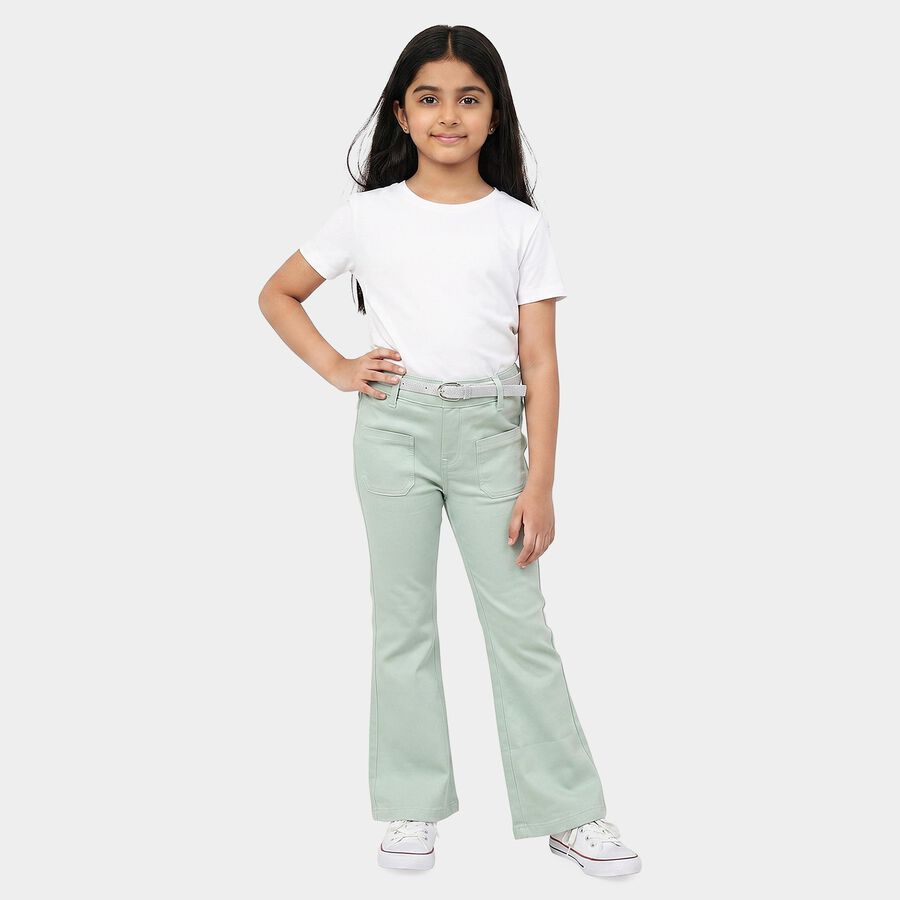 Girls' Mint Green Flared Fit Belted Jeans, Light Green, large