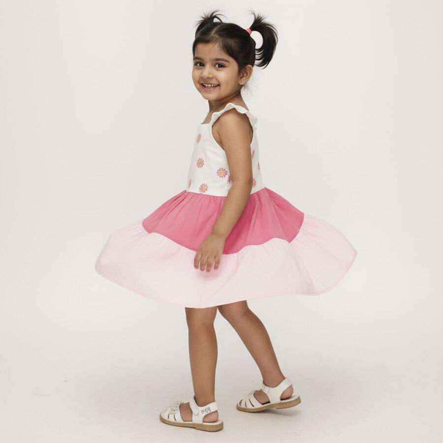 Girls' Pink and White Floral Printed Tiered Casual Frock, Light Pink, large image number null