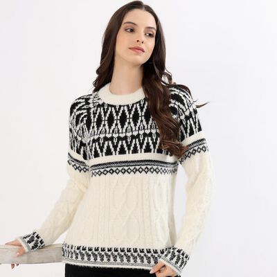 Women's Off-White Crew Neck Casual Cardigan