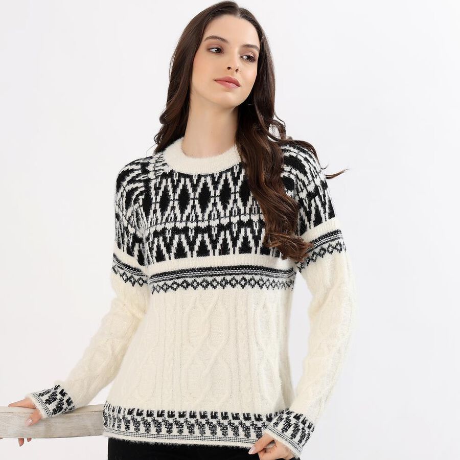 Women's Off-White Crew Neck Casual Cardigan, ऑफ व्हाइट, large image number null