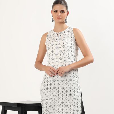 Women's Ivory Tie-Up Neck Floral Printed Kurta