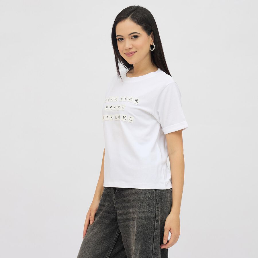 Women's White Cotton Round Neck Printed T-Shirt, सफ़ेद, large image number null