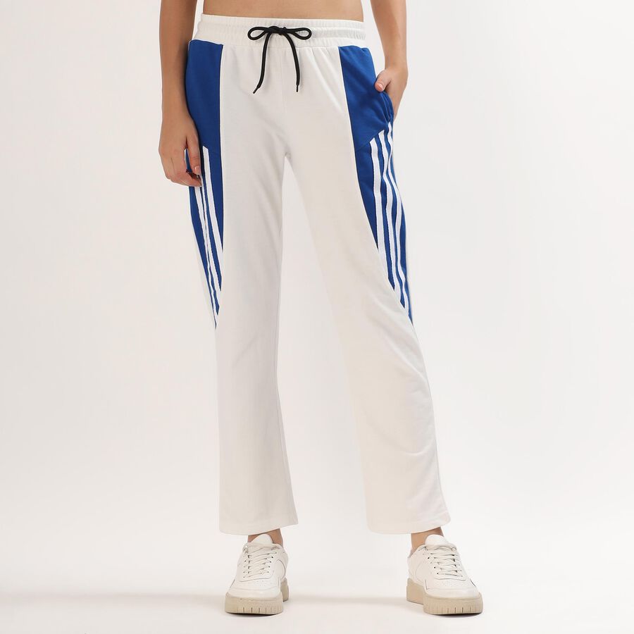 Women's Bright White and Royal Blue Straight Fit Striped Track Pants, सफ़ेद, large image number null