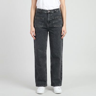 Women's Dark Grey Straight Fit Patch Pocket Jeans