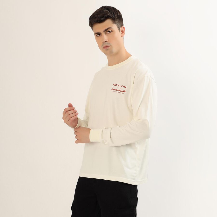 Men's Soft Eggshell White Crew Neck Casual Full Sleeve T-Shirt, ऑफ व्हाइट, large image number null