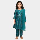 Girls Teal Blue Golden Motif Kurta and Pant Fusion Set, टील ब्लू, small image number null