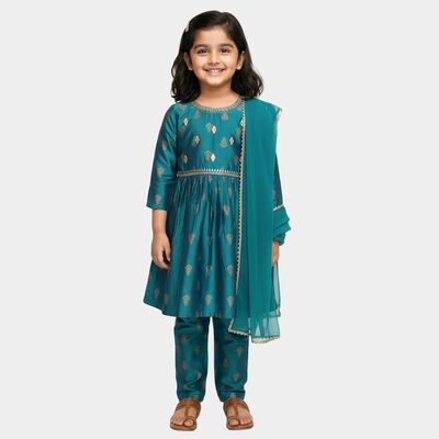 Girls Teal Blue Golden Motif Kurta and Pant Fusion Set