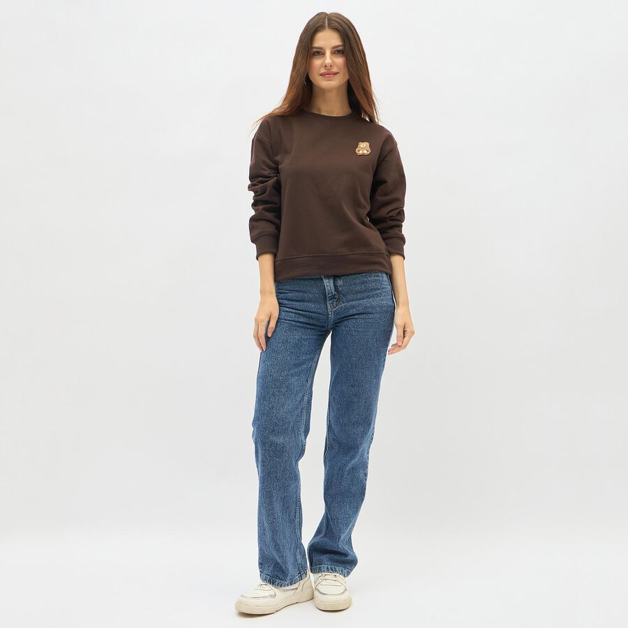 Women's Dark Chocolate Brown Crew Neck Casual Sweatshirt, Brown, large image number null