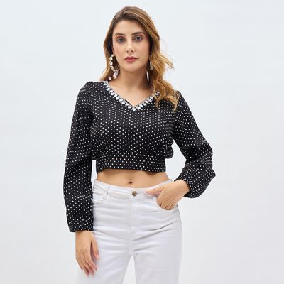 Women's Jet Black V-Neck Polka Dot Kurti