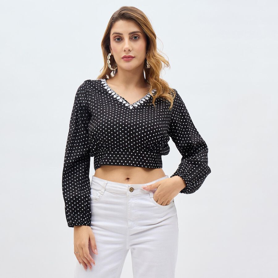 Women's Jet Black V-Neck Polka Dot Kurti, काला, large image number null