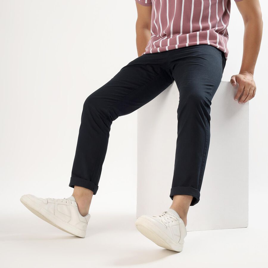 Men's Jet Black Slim Fit Casual Trousers, नेवी ब्लू, large image number null