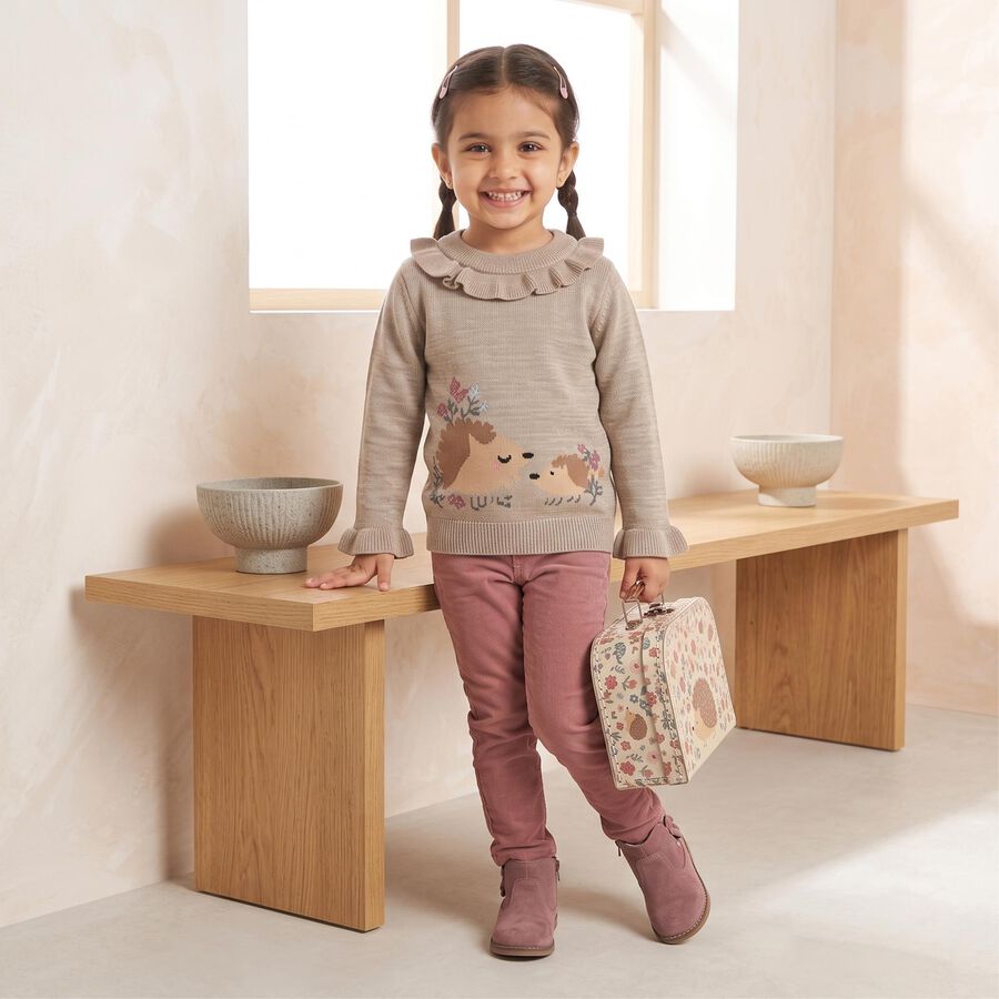 Girls Beige Crew Neck Long Sleeve Pullover, Beige, large
