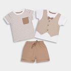 Infants' Beige Cotton Round Neck Striped Baba Suit, Beige, small