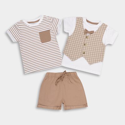 Infants' Beige Cotton Round Neck Striped Baba Suit