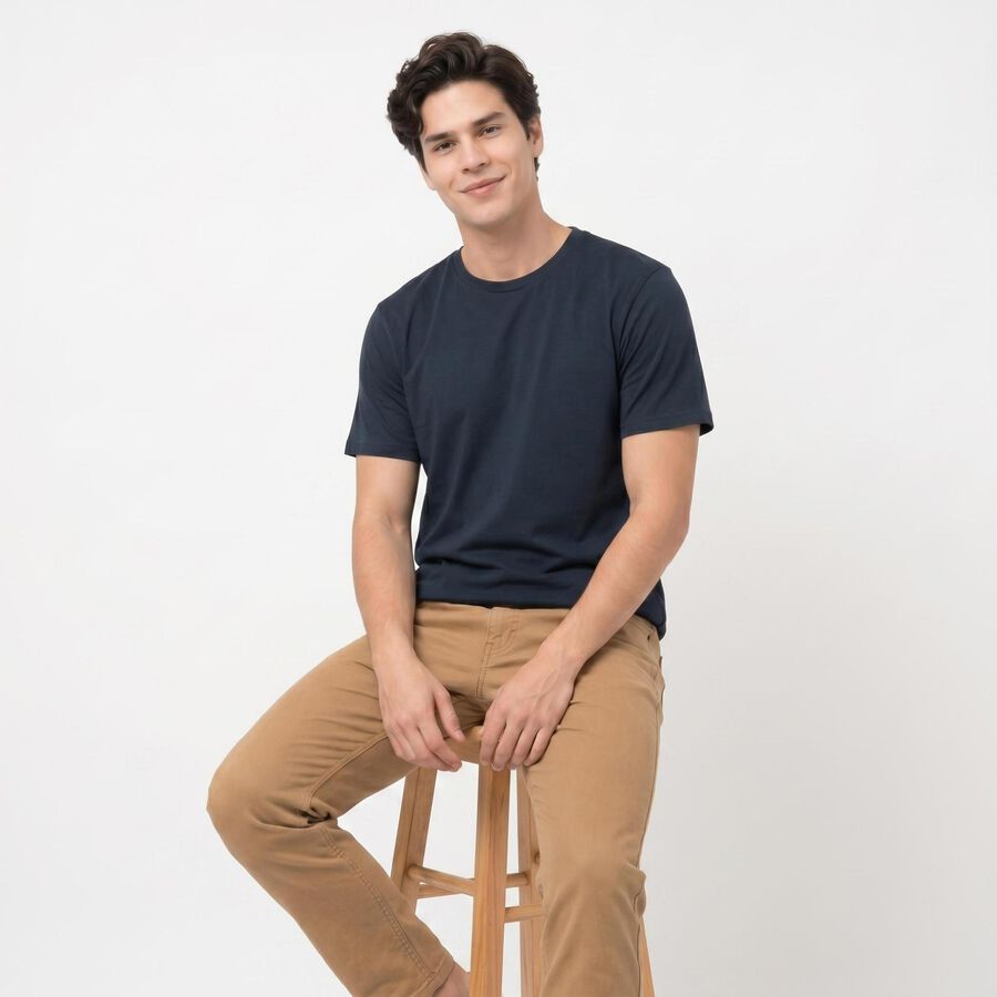 Men's Navy Blue Cotton Round Neck Regular T-Shirt, टील ब्लू, large