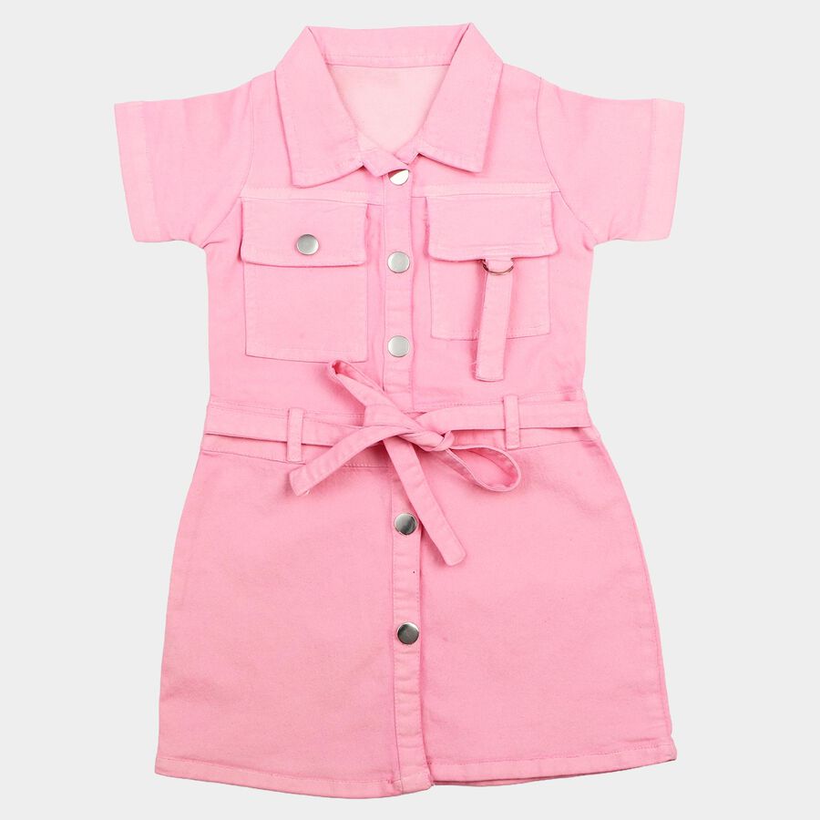 Girls' Pink Shirt Style Solid Frock, गुलाबी, large