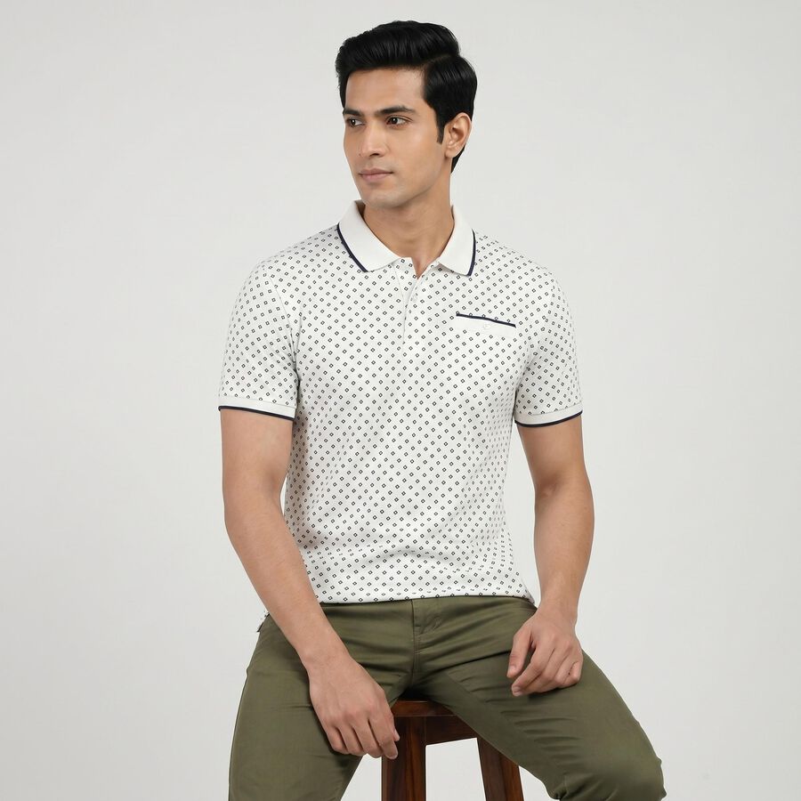 Men's White Cotton Polo Neck Geometric Polo T-Shirt, सफ़ेद, large