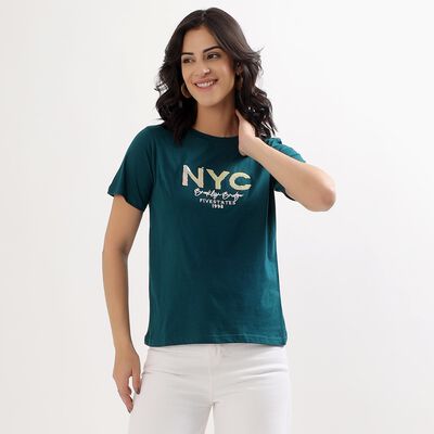 Women's Teal Cotton Round Neck Casual T-Shirt