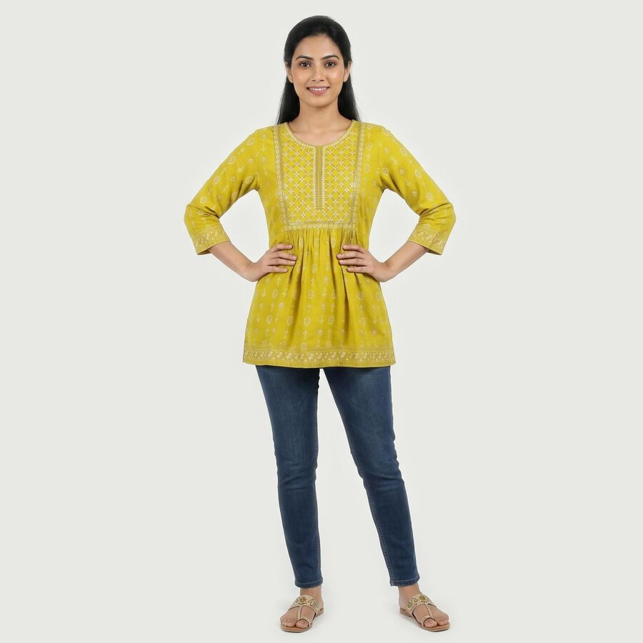 Women's Light Green Round Neck Printed A-Line Kurti, Light Green, large