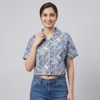 Women's Navy Blue Half Sleeve Classic Collar Casual Shirt