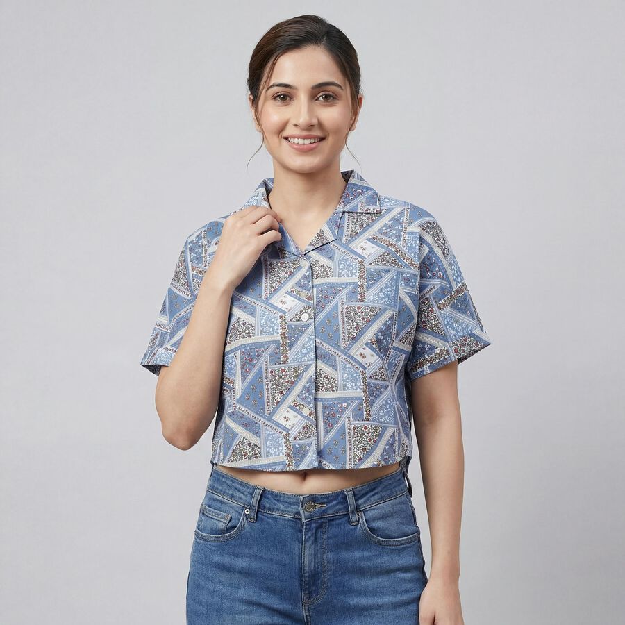 Women's Navy Blue Half Sleeve Classic Collar Casual Shirt, Mid Blue, large