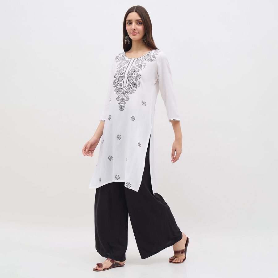 Women's White Round Neck Embroidered Kurta, ऑफ व्हाइट, large image number null